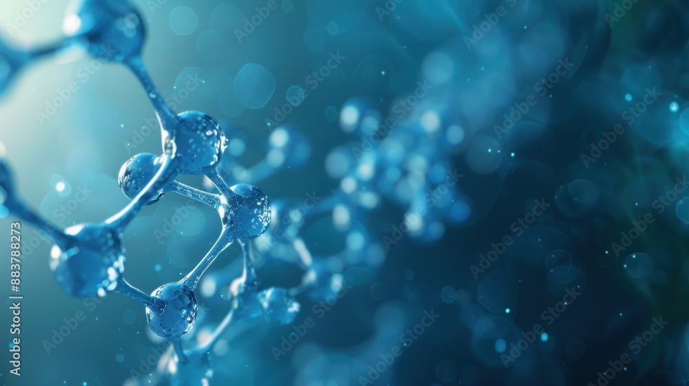 Poster close-up of a blue molecular structure with a bokeh background, representing science and biotechnolo