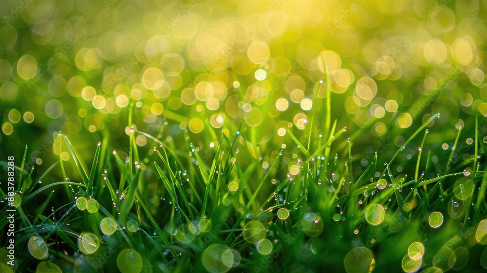 Poster close-up of grass covered in dew with sunlight creating a beautiful bokeh effect in the background.