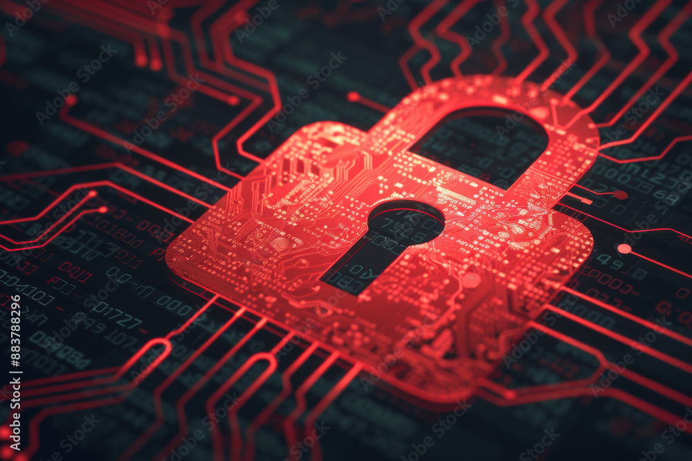 Poster cybersecurity concept with a glowing red padlock on a digital circuit board background representing 