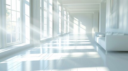 Obraz premium Spacious and bright minimalist interior featuring large windows allowing natural light to flood the white room.