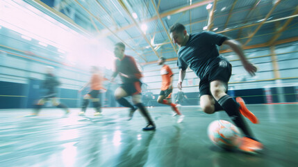 Players in motion during an indoor soccer match, capturing the intensity and dynamic energy of the game.
