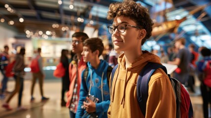 Group of teenagers with backpacks exploring a science museum exhibit, engaging and learning in an educational environment.
