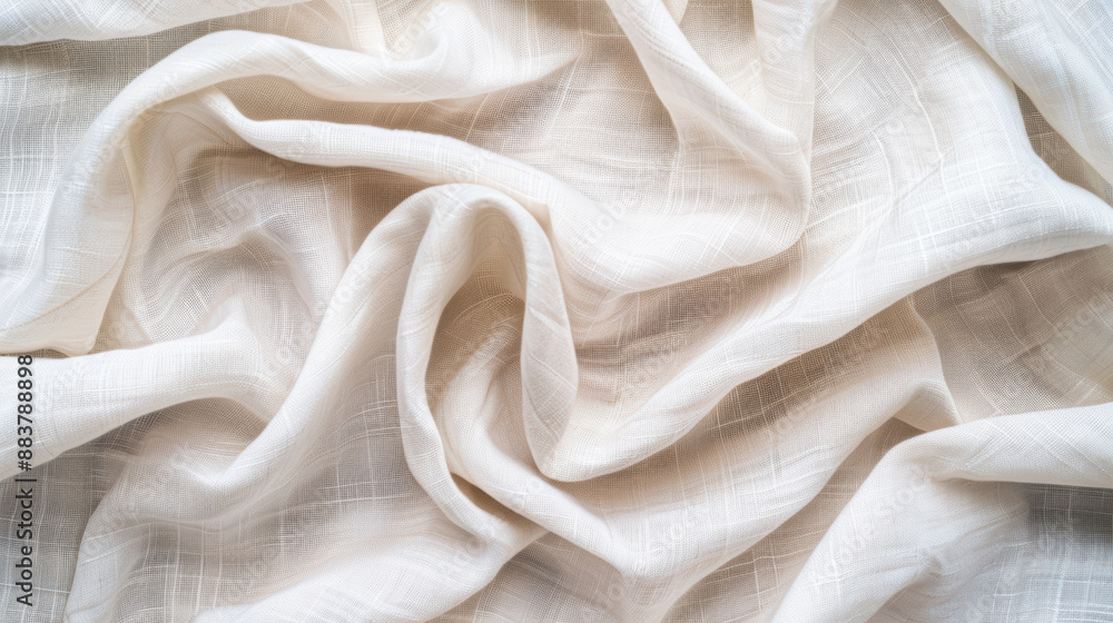 Poster close-up of a crumpled white fabric with a subtle grid pattern, showcasing a soft, delicate texture 