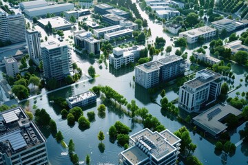 Aerial view of a flooded urban area with submerged buildings and trees, capturing the impact of heavy rainfall in the city.