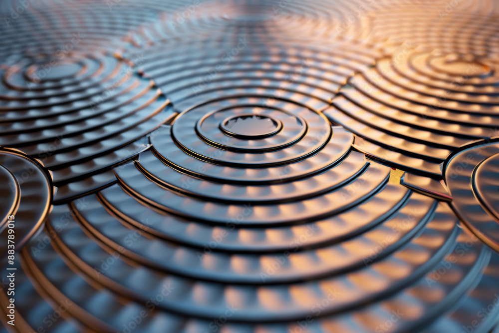 Poster abstract close-up of metallic concentric circles with a warm, gradient light creating a futuristic d
