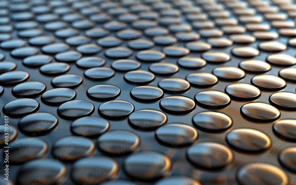 Poster close-up of glossy black circles arranged in a grid pattern, reflecting light, creating a modern and
