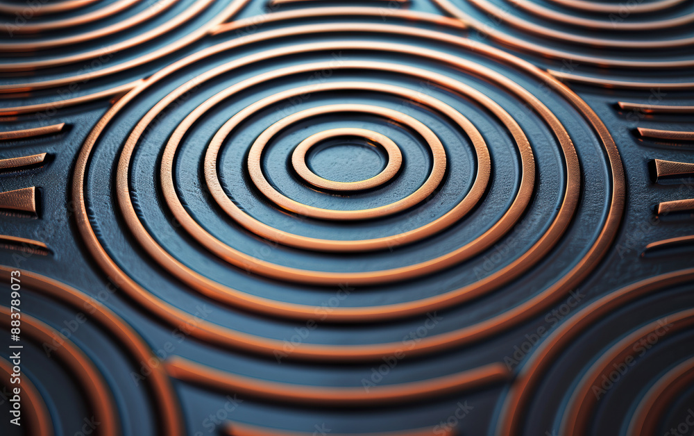 Poster close-up of abstract geometric pattern with concentric circles in copper and black, creating a moder