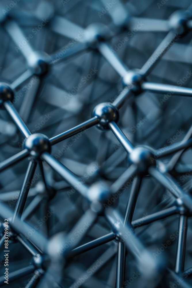 Poster close-up of a complex molecular structure model, showcasing detailed connections and nodes, emphasiz