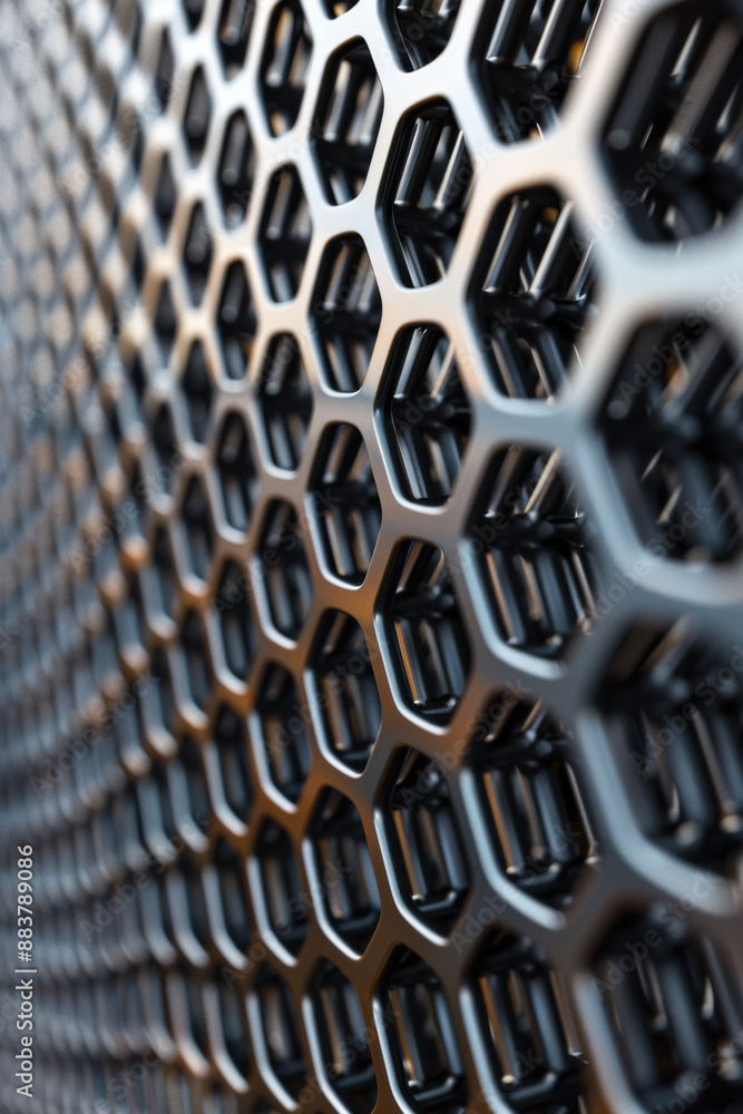 Poster abstract close-up of a metallic honeycomb patterned surface, showcasing the symmetry and geometric d
