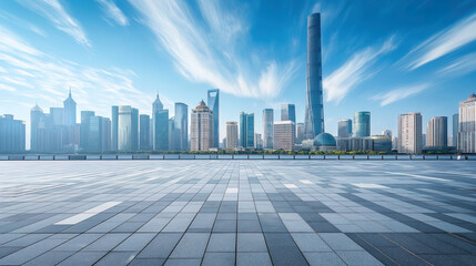 Empty square with city skyline background