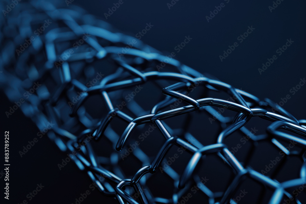 Poster close-up of a futuristic, metallic mesh structure on a dark background, showcasing intricate design 