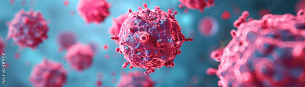 Poster close-up image of red virus particles in a blue background, showcasing the detailed structure of vir