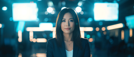 A professional headshot of a young Asian woman in a suit standing in front of a blurred background of city lights.