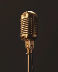 Fototapeta premium Vintage style golden vocal microphone in sound studio, musical equipment technology background