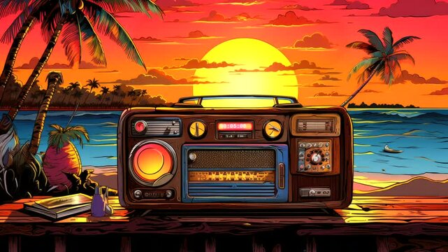 Vintage radio on beach with ocean and sunset view creating a nostalgic atmosphere. Retro summer concept