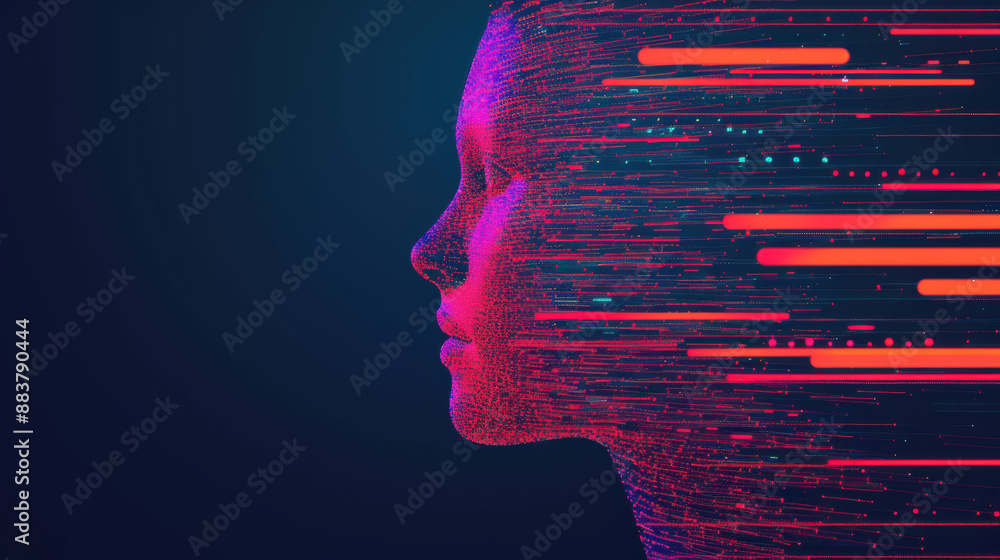 Poster digital silhouette of a face in profile with neon pink and red lines trailing off in motion, symboli