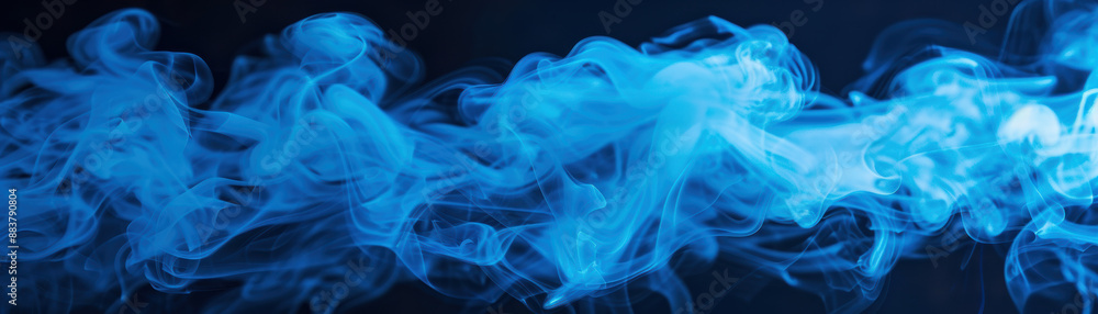 Poster abstract image of blue smoke swirling and forming mystical shapes against a dark background, creatin