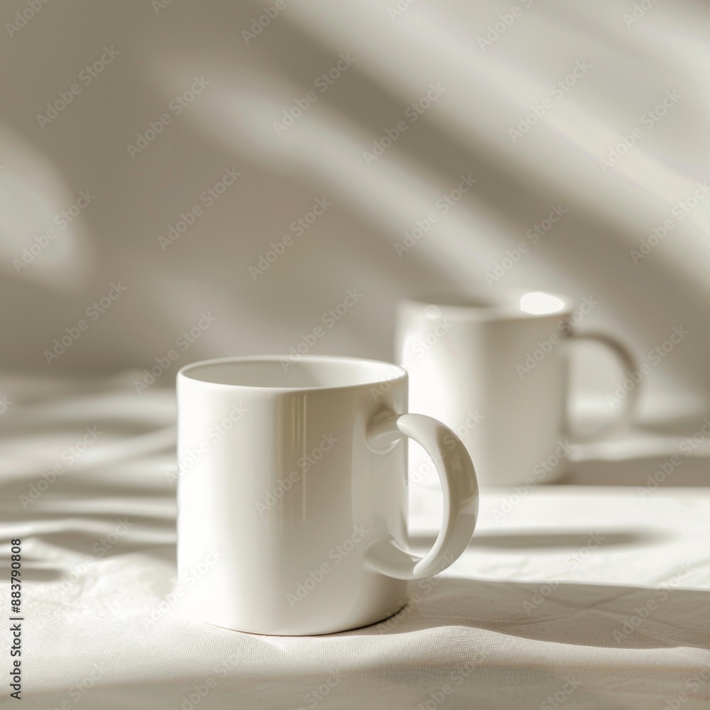 Poster two white ceramic mugs sit on a smooth surface with gentle sunlight creating soft shadows.