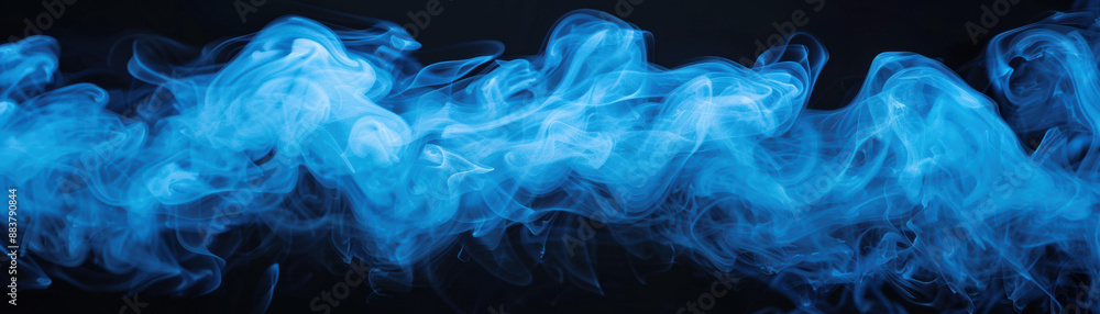 Poster vibrant blue smoke swirling against a dark background. abstract shapes and wisps create a mesmerizin
