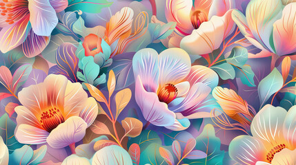 beautiful and dreamy pattern with flower and leaves background, soft colors