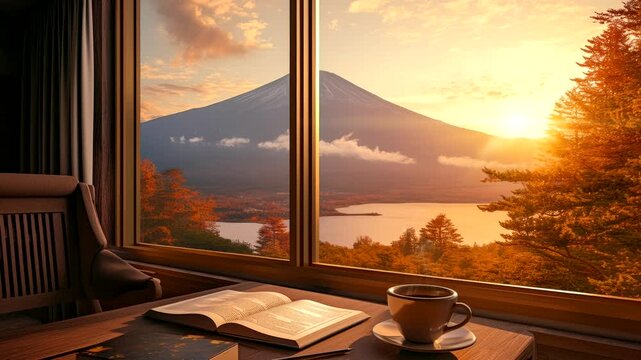 Cozy room with open book and coffee cup overlooking mountain at sunset through large window. Tranquil retreat concept