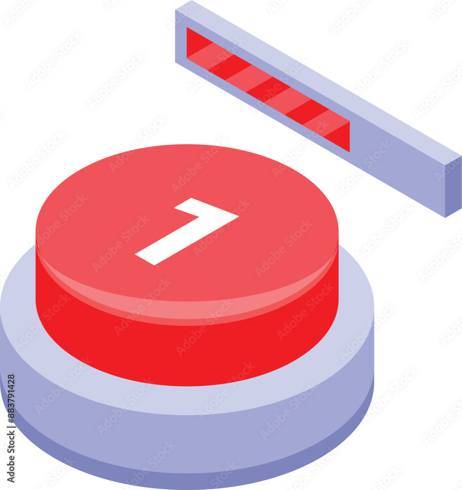 Poster red button with number one is getting pressed, progress bar is increasing, 3d isometric illustration