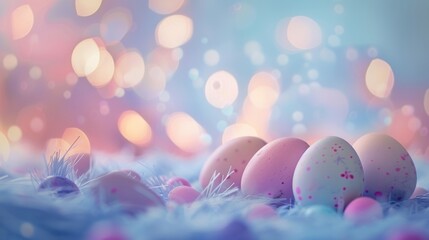 Pastel-colored Easter eggs resting on soft grass, with bokeh lights creating a dreamy, festive background.