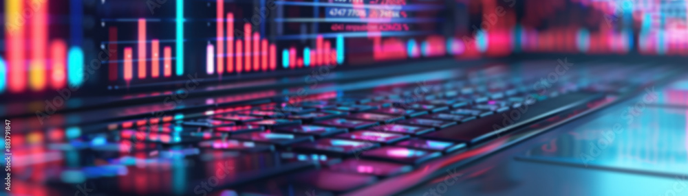 Poster close-up of a laptop keyboard with colorful data visualizations and graphs on the screen, representi