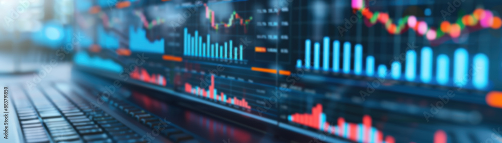 Poster close-up of a financial trading screen with colorful charts and graphs displaying market trends and 