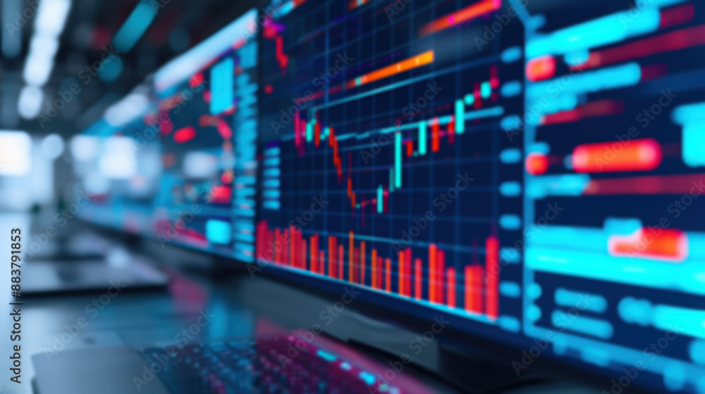 Poster modern stock trading terminal with dynamic charts and graphs, showcasing market data and trends for 