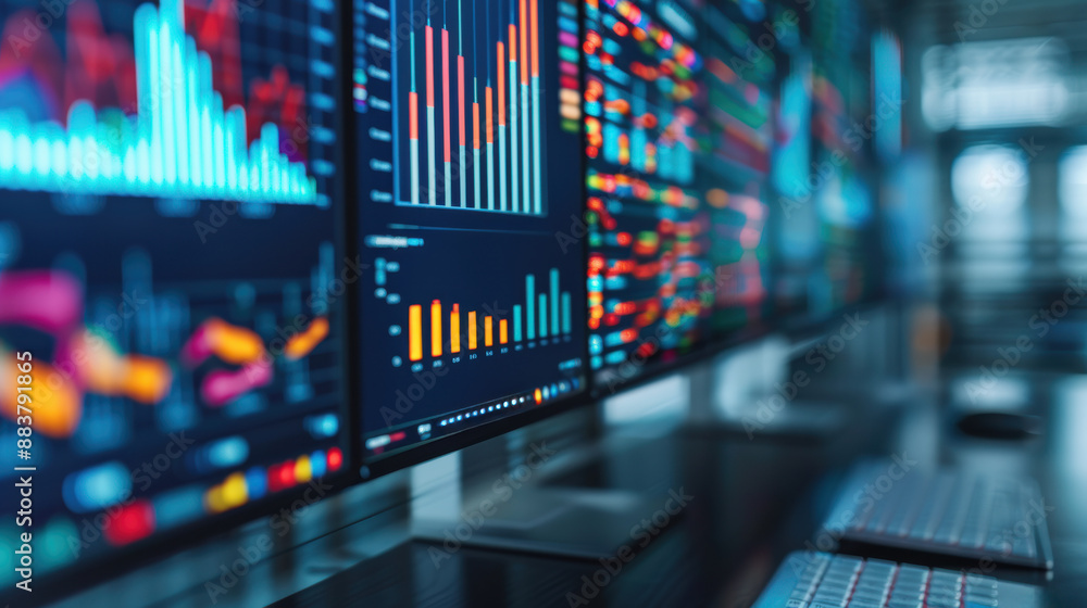 Poster close-up image of financial data and stock market charts displayed on multiple computer monitors in 