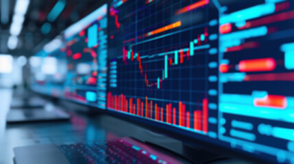 Modern stock trading terminal with dynamic charts and graphs, showcasing market data and trends for financial analysis in a contemporary office setting.