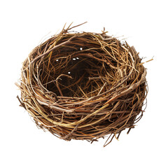 Obraz premium Close-up photo of an empty bird nest made of twigs and dried grass against a white background, symbolizing nature and wildlife.