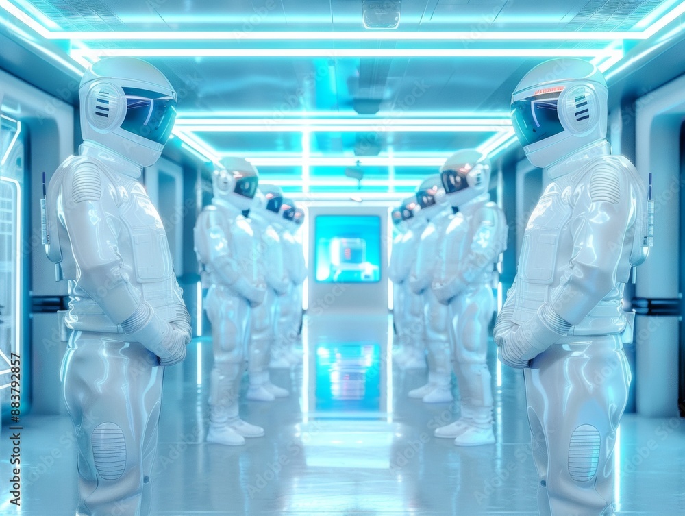 Poster Futuristic Tech Showcase: Diverse Group of Engineers in White Robotic Suits Analyzing Holographic Displays in a Modern Laboratory