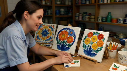 Fototapeta premium woman make painting flower drawing 