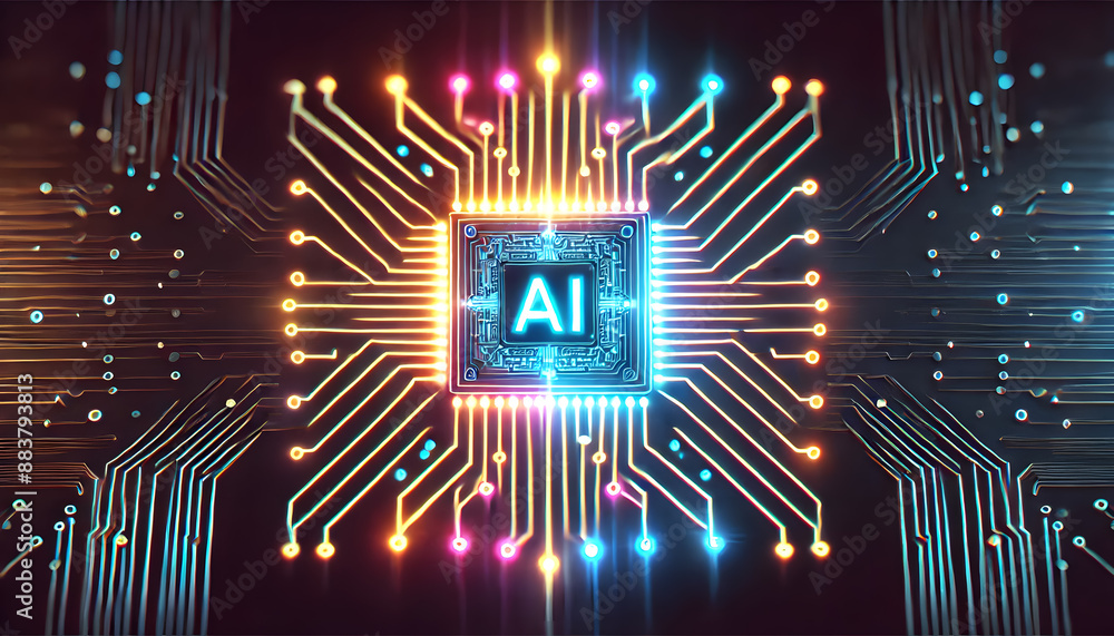 Poster glowing futuristic microchip on circuit board