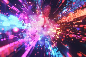 Obraz premium Neon Pixelated Explosion A digital explosion rendered in neon pastel pixels, highlighting the energy and playful chaos of the digital world