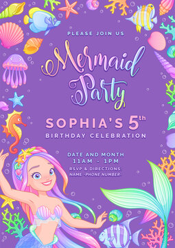 Mermaid theme birthday party invitation. Vector template.