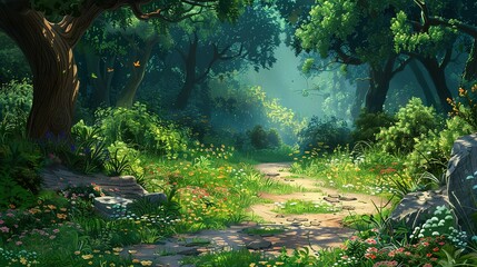 Fototapeta premium Colorful winding stone path through a lush green vibrant forest