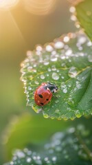 Fototapeta premium A close-up of a ladybug on a dewy leaf in the morning light, capturing nature's beauty and serenity.