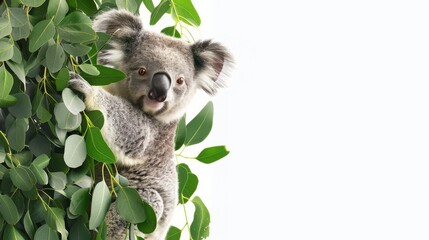 Obraz premium A cute koala clings to eucalyptus leaves in a tree, looking curious and content on a white background. Perfect for nature and wildlife themes.