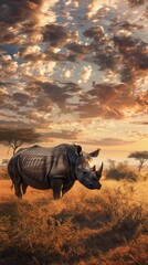 Fototapeta premium A majestic rhinoceros stands under a dramatic sunset sky in an African savannah, surrounded by golden grasses and acacia trees.