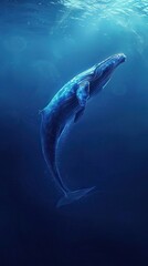 A majestic whale gracefully swimming in the deep blue ocean, illuminated by sunlight filtering through the water's surface.