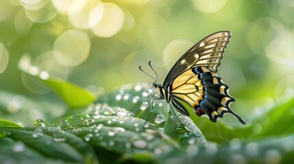 Naklejka premium A vibrant butterfly perched on a dew-covered leaf in a lush green environment with a bokeh background, symbolizing nature's beauty and tranquility.