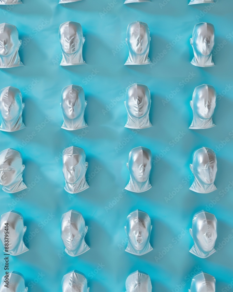 Poster futuristic silver bodysuits on soft blue background: a vibrant pattern display evoking daytime simpl