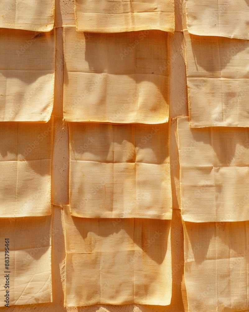 Poster bright and vibrant mustard yellow fabric pattern against soft beige background in daylight, evoking 