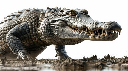 Obraz premium Close-up image of a massive crocodile emerging from the water with an intense stare in its natural habitat.