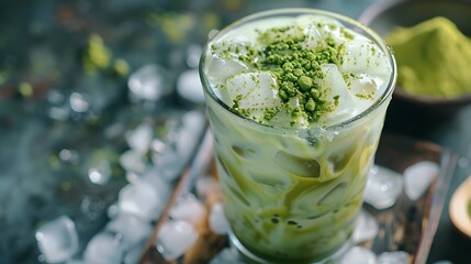 Cold green tea with matcha mixed with milk and snow in a latte glass