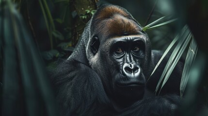 Obraz premium Close-up of a majestic gorilla in its natural rainforest habitat, surrounded by lush green foliage and deep shadows.