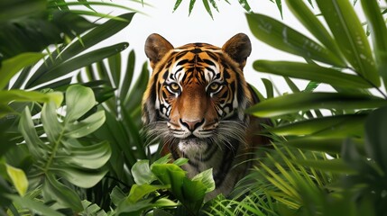Close-up of a majestic tiger hidden among lush green jungle leaves, showcasing its intense gaze and vibrant fur.